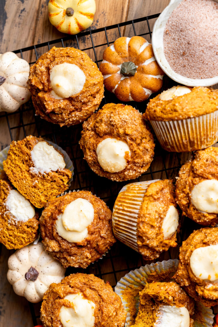 Top view of pumpkin cream cheese muffins.