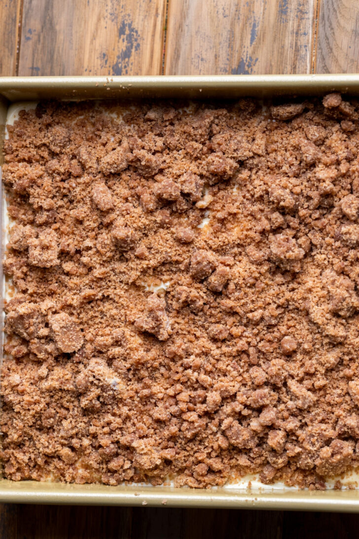 Cinnamon crumble in the pan.