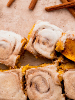 Top view of the middle of pumpkin cinnamon rolls.
