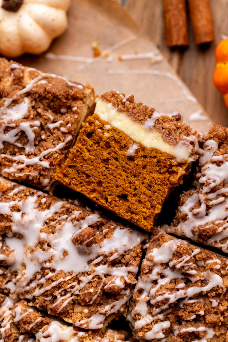 Top view of cake slice on its side.