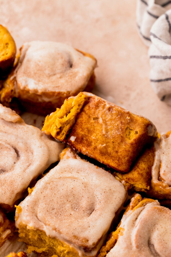 Side view of a cinnamon roll.