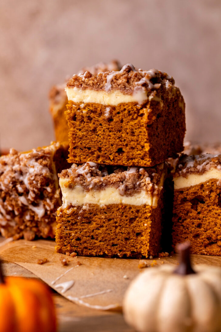 Stack of two pumpkin coffee cake slices.