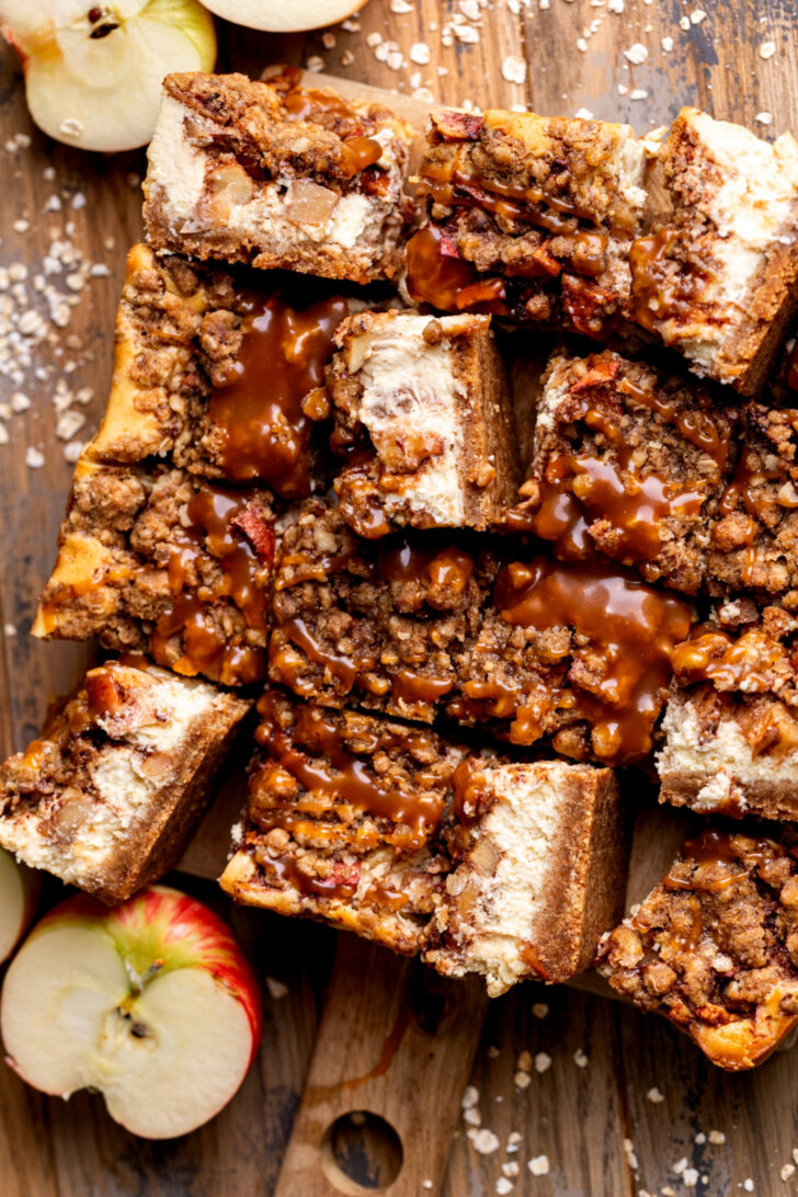 Top view of caramel apple cheesecake bars.