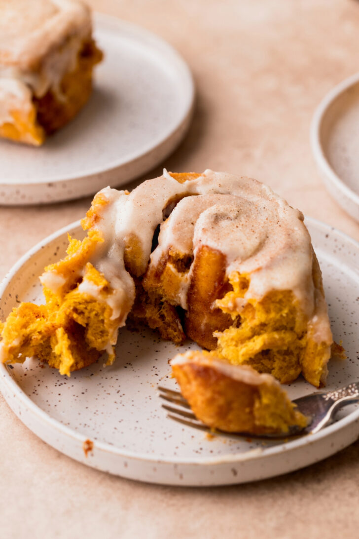 One cinnamon roll on a plate.