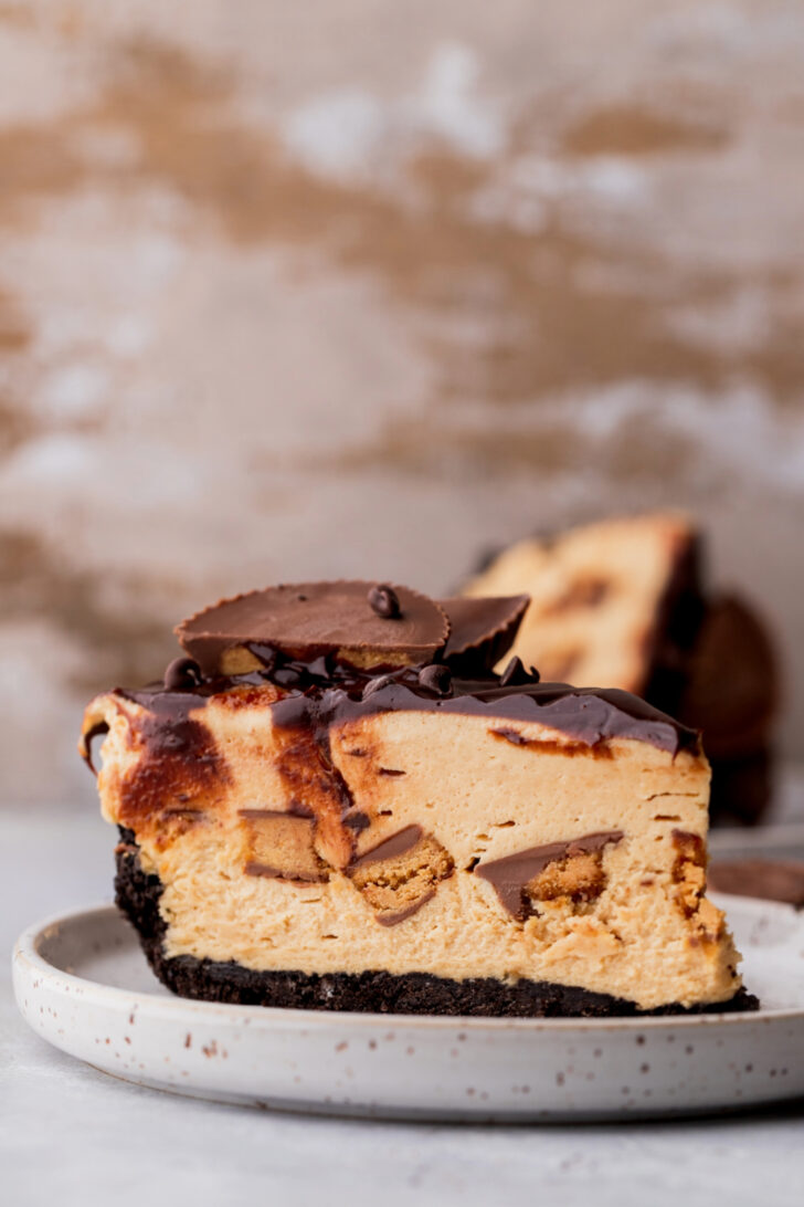 One slice of Reese's peanut butter pie on a plate.
