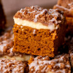 Close up of a slice of pumpkin coffee cake.