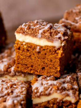 Close up of a slice of pumpkin coffee cake.
