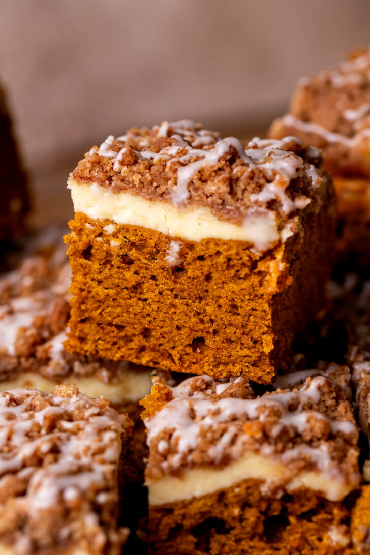 Close up of a slice of pumpkin coffee cake.