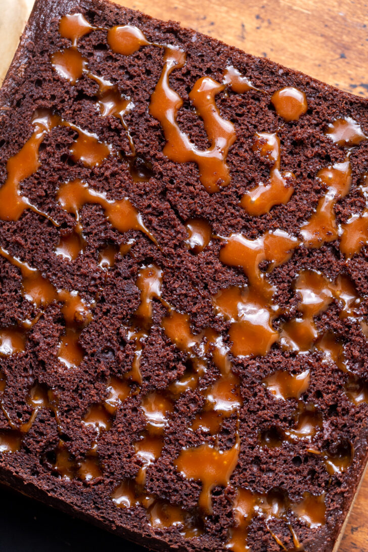 Chocolate cake poked with caramel.