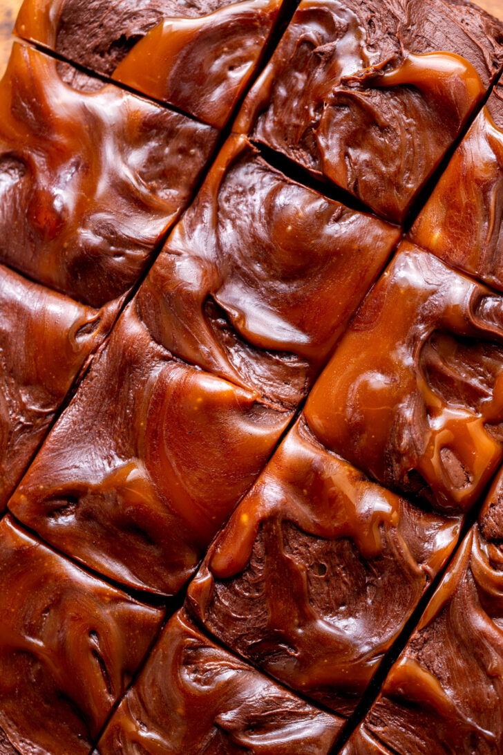 Caramel swirled on top of chocolate caramel cake.