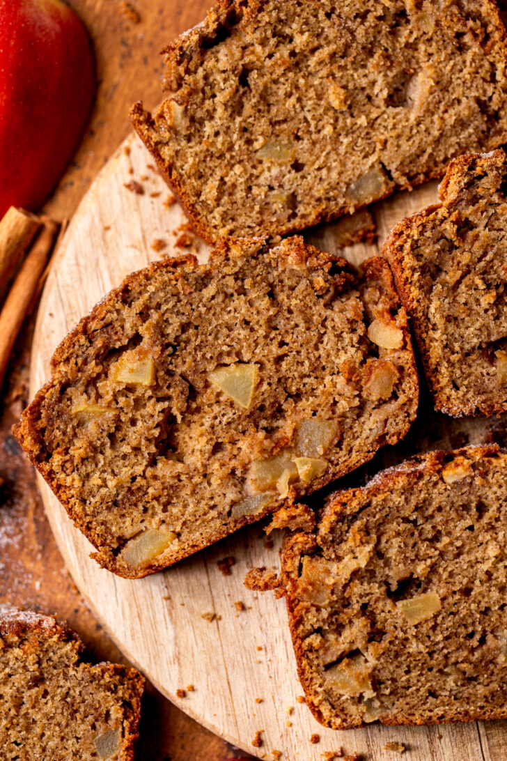 Top view of slices of apple bread.