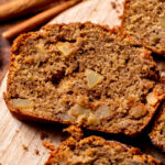 Close up of one slice of apple bread.