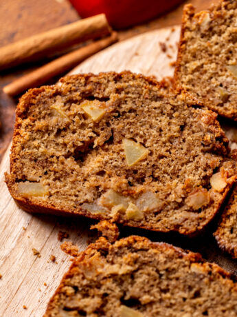 Close up of one slice of apple bread.