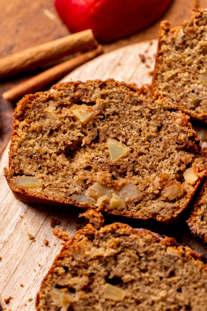 Close up of one slice of apple bread.