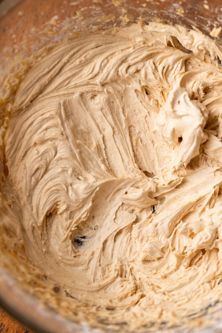 Peanut butter frosting in a bowl.