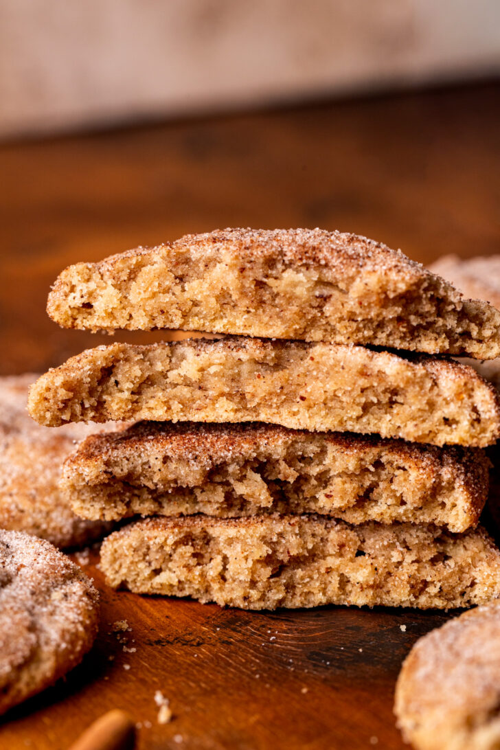Two cookies split in half in a stack.