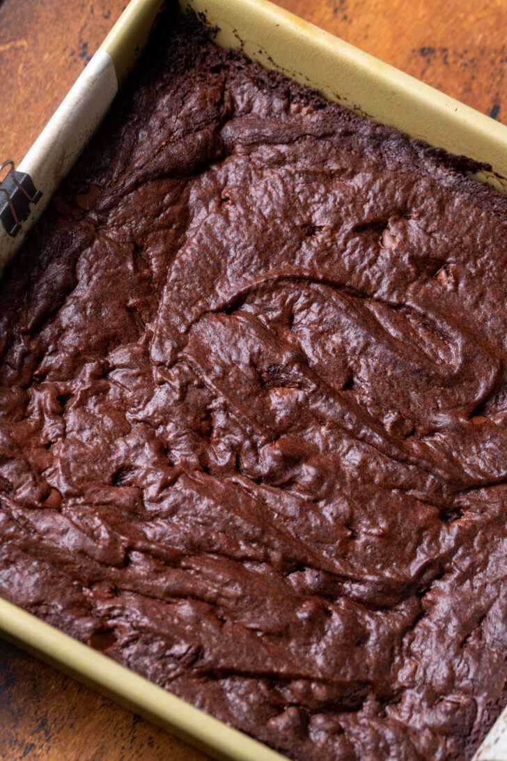 Brownie batter in a pan.