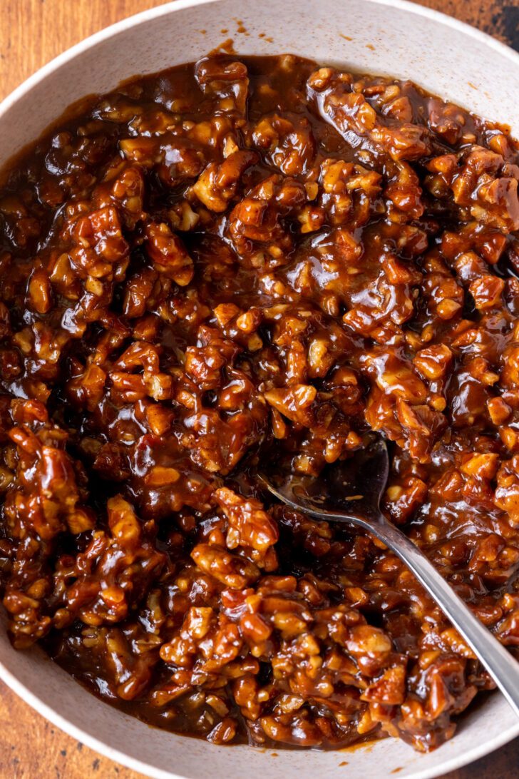 Pecan pie filling in a bowl.
