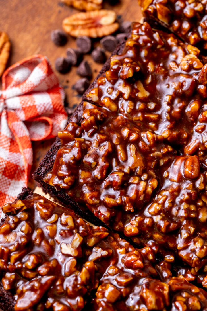 Top view of brownies with filling on top.