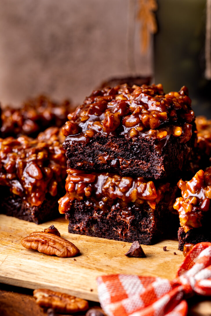Stack of two pecan pie brownies.