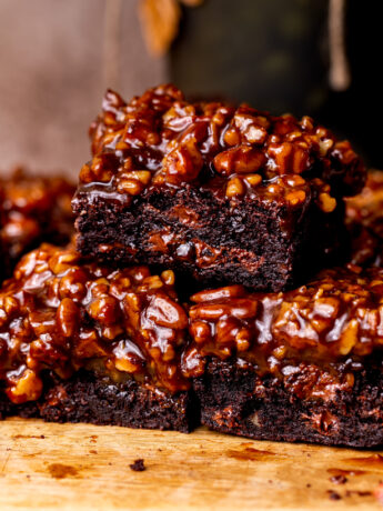 Stack of three pecan pie brownies.