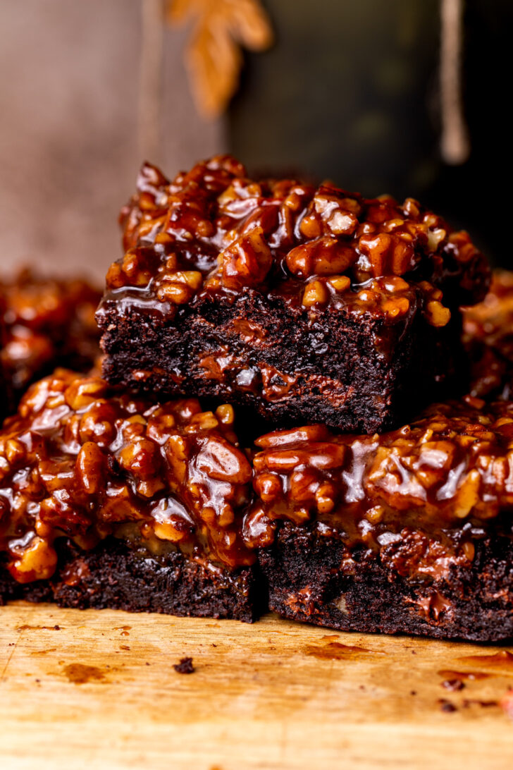 Stack of three pecan pie brownies.