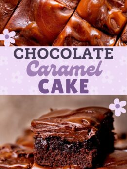 Pinterest pin for chocolate caramel cake.