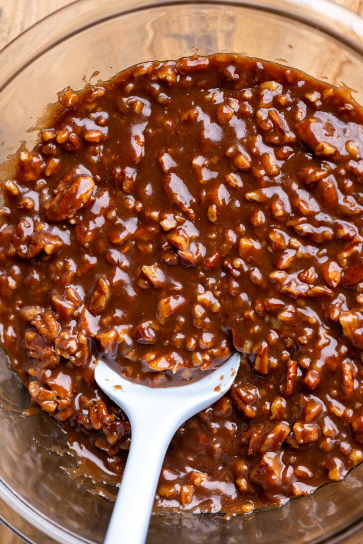 Pecan pie filling in a bowl.