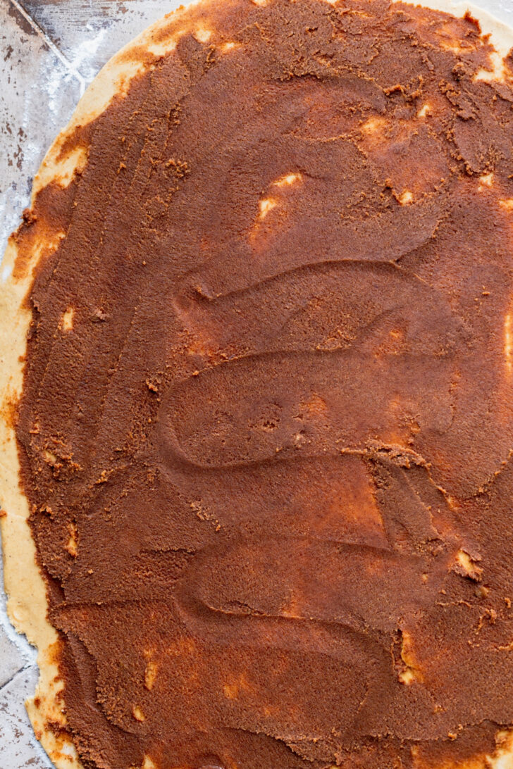 Gingerbread filling on top of dough.