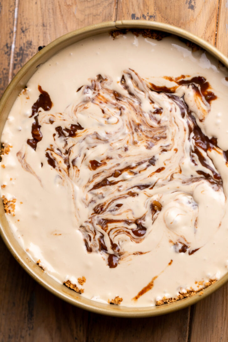 Pecan pie filling swirled into cheesecake batter.