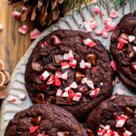 Close up plate of chocolate peppermint cookies.
