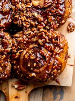 Close up of a sticky buns.