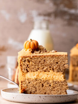 Slice of cake cake on a plate standing up.