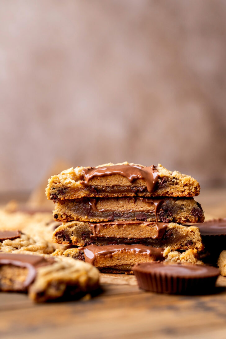 Stack of two cookies split in half.