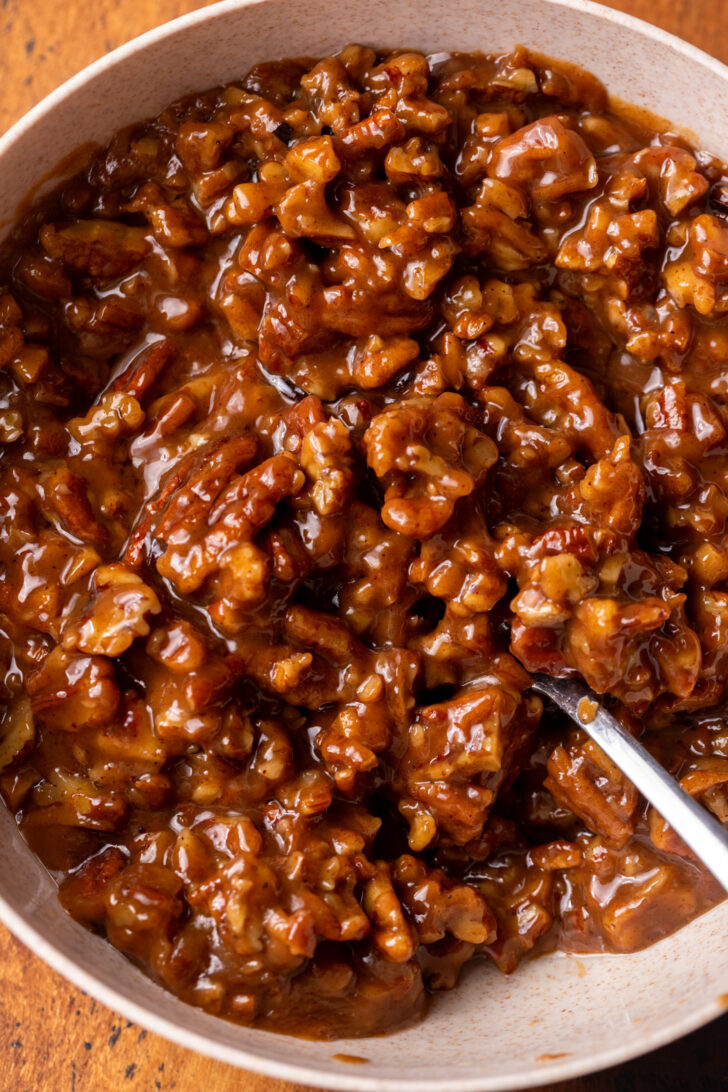 Pecan pie filling in a bowl.