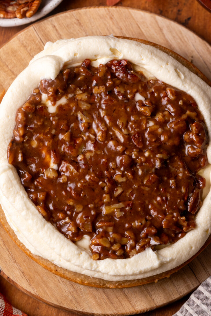 Pecan pie filling on top of cake layer.
