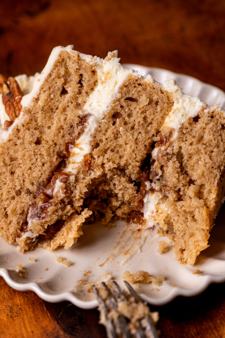 Bite missing from a piece of cake.