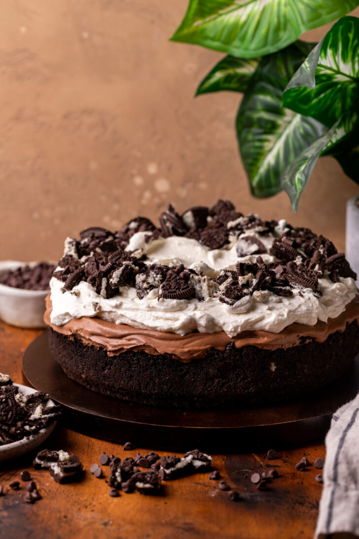 Decorated pie on a wood board.