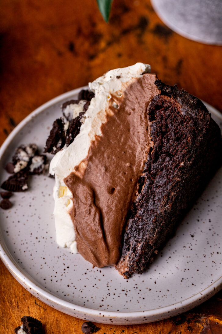 Slice of pie on its side on a plate.