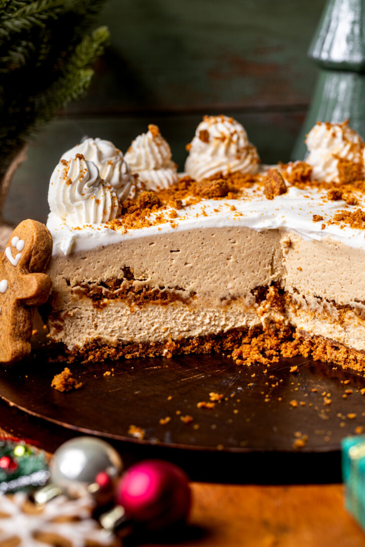 Side view of no bake gingerbread cheesecake.