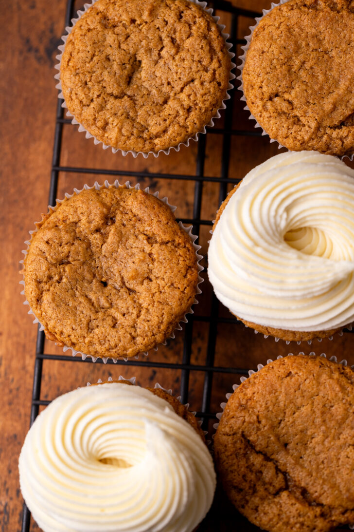 Top view of baked cupcakes.
