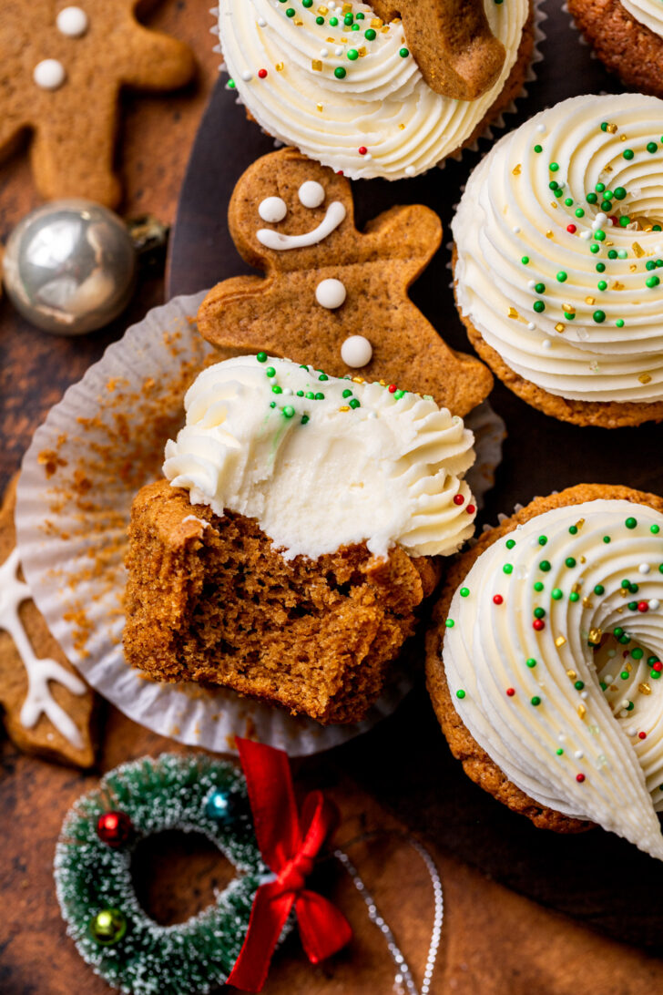 Top view of cupcakes with a bite missing.