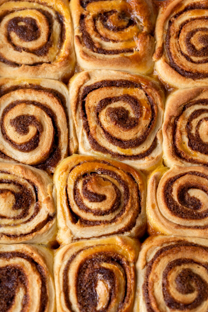 Top view of baked cinnamon rolls.