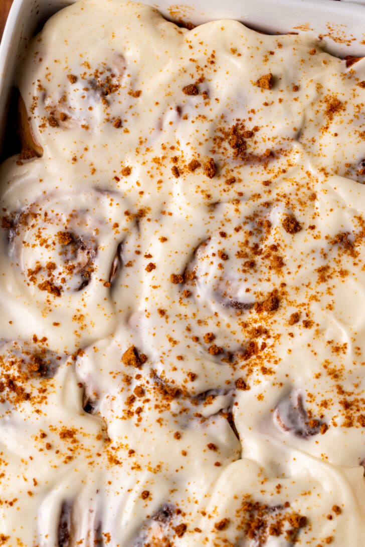 Top view of iced cinnamon rolls.