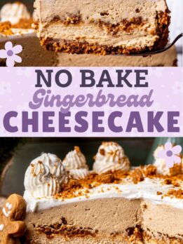 Pinterest pin for no bake gingerbread cheesecake.