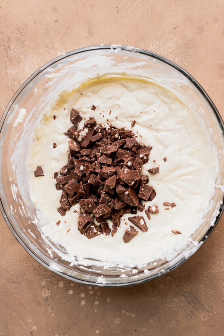 Toblerone on top of cheesecake batter.