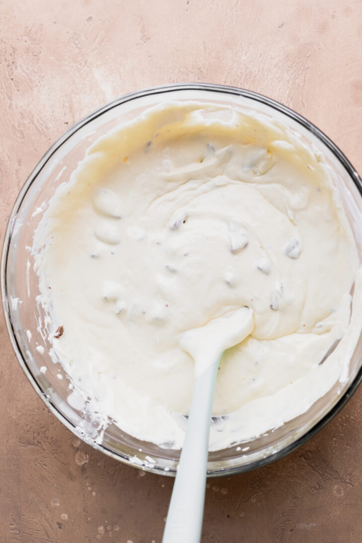 Cheesecake batter in a bowl.