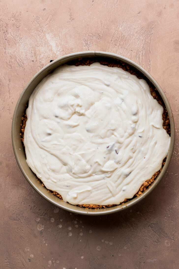 Cheesecake batter in a pan.