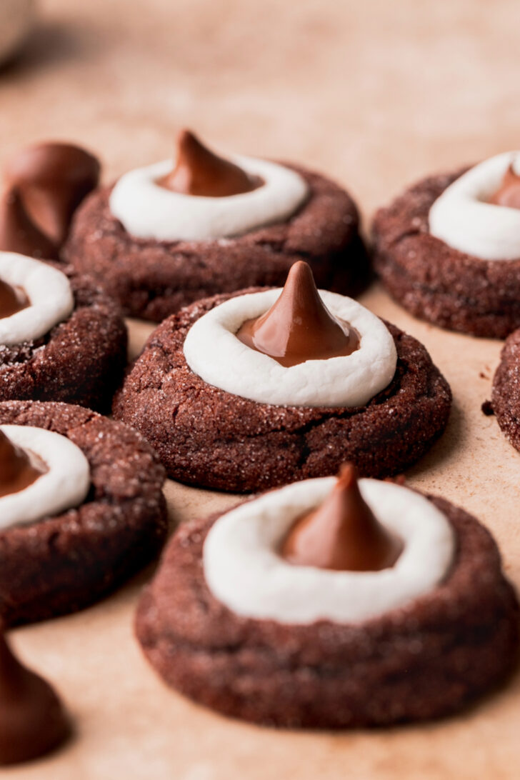 Side view of hot cocoa cookie blossoms.
