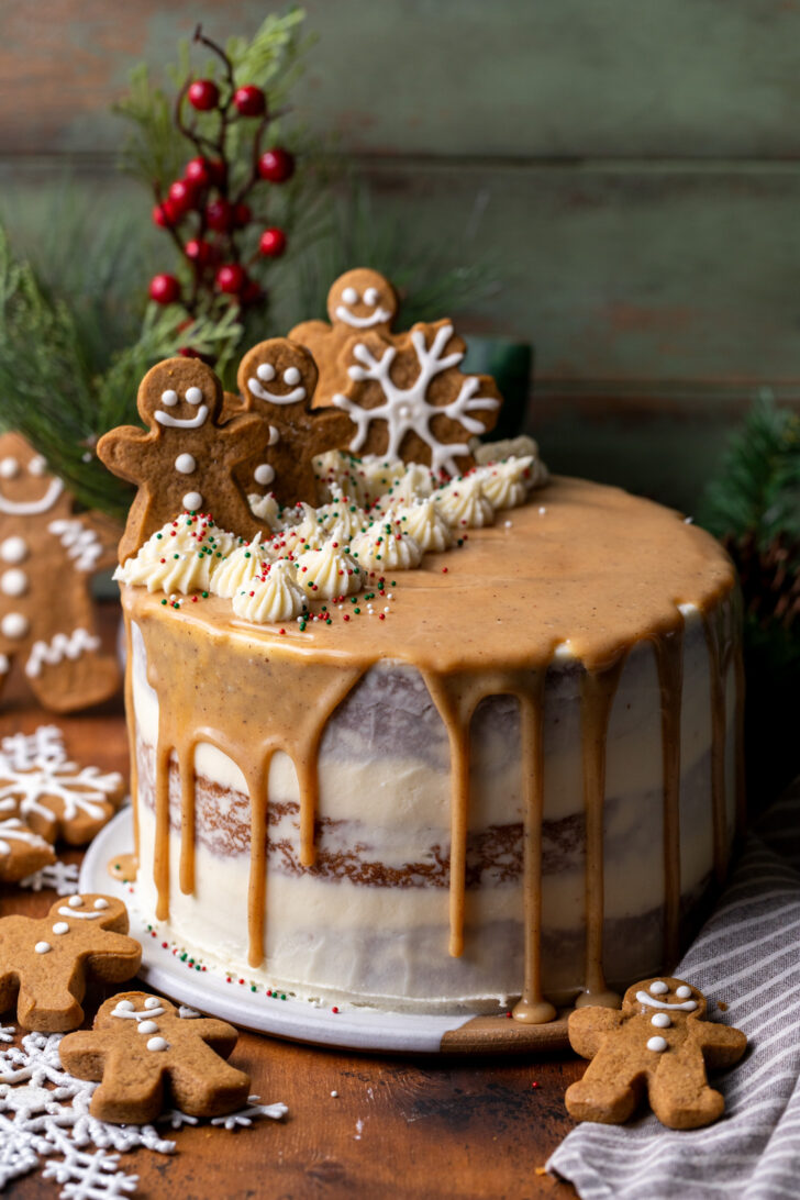 Decorated cake on a white platter.